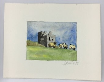 Watercolor of Ireland with Castle and sheep grazing country rustic place view holiday gift for her hand-painted miniatures