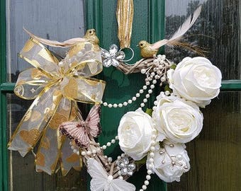Golden Birds & Butterflies, wreath, floral, flowers, decor, door decor, plaque, gift, decoration,shabby chic, heart