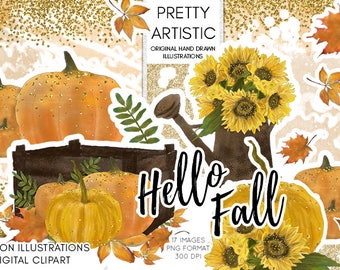 Fall Watercolor Clipart, Pumpkin Halloween Clipart, Watercolor Illustration, Autumn Clipart, Leave Clipart, Leaves, Sunflower Clipart Autumn