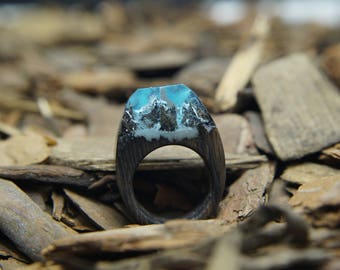 Wood ring, resin ring, wood gift for girlfriend, jewelry with snow, jewelry wood, mountain ring, Christmas present In stock 6 size