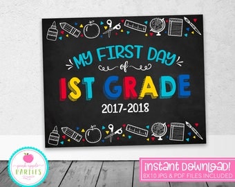 First Day of 1st Grade Chalkboard Sign - First Grade Sign - Blue, Red, Yellow, Turquoise - 8x10 Instant Download Printable Sign