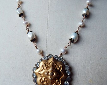 Antique Assemblage Necklace with Freshwater Pearls, Paste Stones & French Stamping