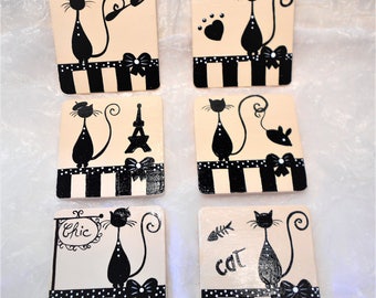 Set of 6 coasters "The chic Parisian cat"
