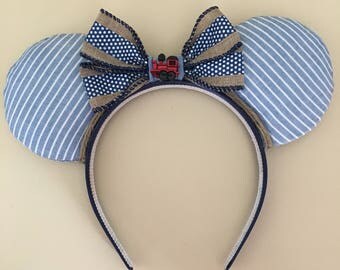Railroad Mouse Ears | Conductor Mouse Ears | Walt Disney World Raildroad Inspired Ears | Fabric Ears | Striped Ears | Pinstriped Ears