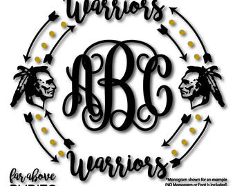 Warriors Team Monogram Wreath (monogram NOT included) Arrows Dots - SVG, EPS, dxf, png, jpg digital cut file for Silhouette or Cricut