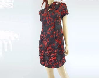 90s Asian Mini Dress Red Black Cheongsam Satin Brocade Dress 90s Party Dress Red Black Floral 90s Asian Dress Short Sleeve Dress m