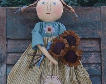 Primitive Cloth doll pattern Sunny doll with sunflowers, punch needle pattern, HFTH208