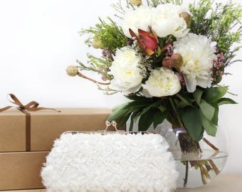 Ivory Bridal Rosebuds Floral Clutch on Rose Gold Purse Frame | Bridal Clutch Chiffon