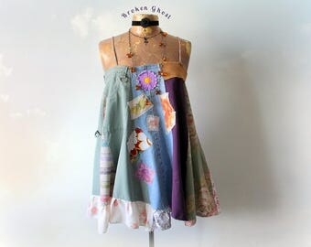 Patchwork Top Hippie Clothing Recycled Jeans Women's Swing Tank Gypsy Festival Boho Chic Clothes Unique Shirt Bohemian Fashion M 'ABIGAIL'
