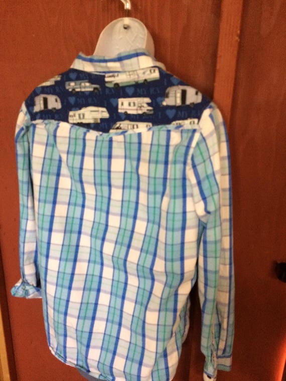 SOLD LOCALLY Embellished long sleeve plaid shirt with camper
