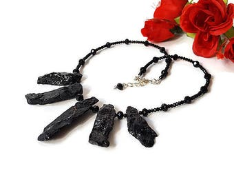 Black Tourmaline Raw Edgy Necklace Statement Women Gemstone Choker for Witch Black Protection Jewelry Handmade Necklace for her Raw Crystal