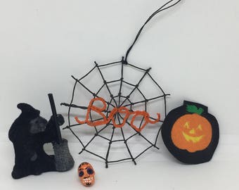 Small Halloween Decorations, Lot of Four, Witch, Jack O'Lantern, Spider Web, Sugar Skull