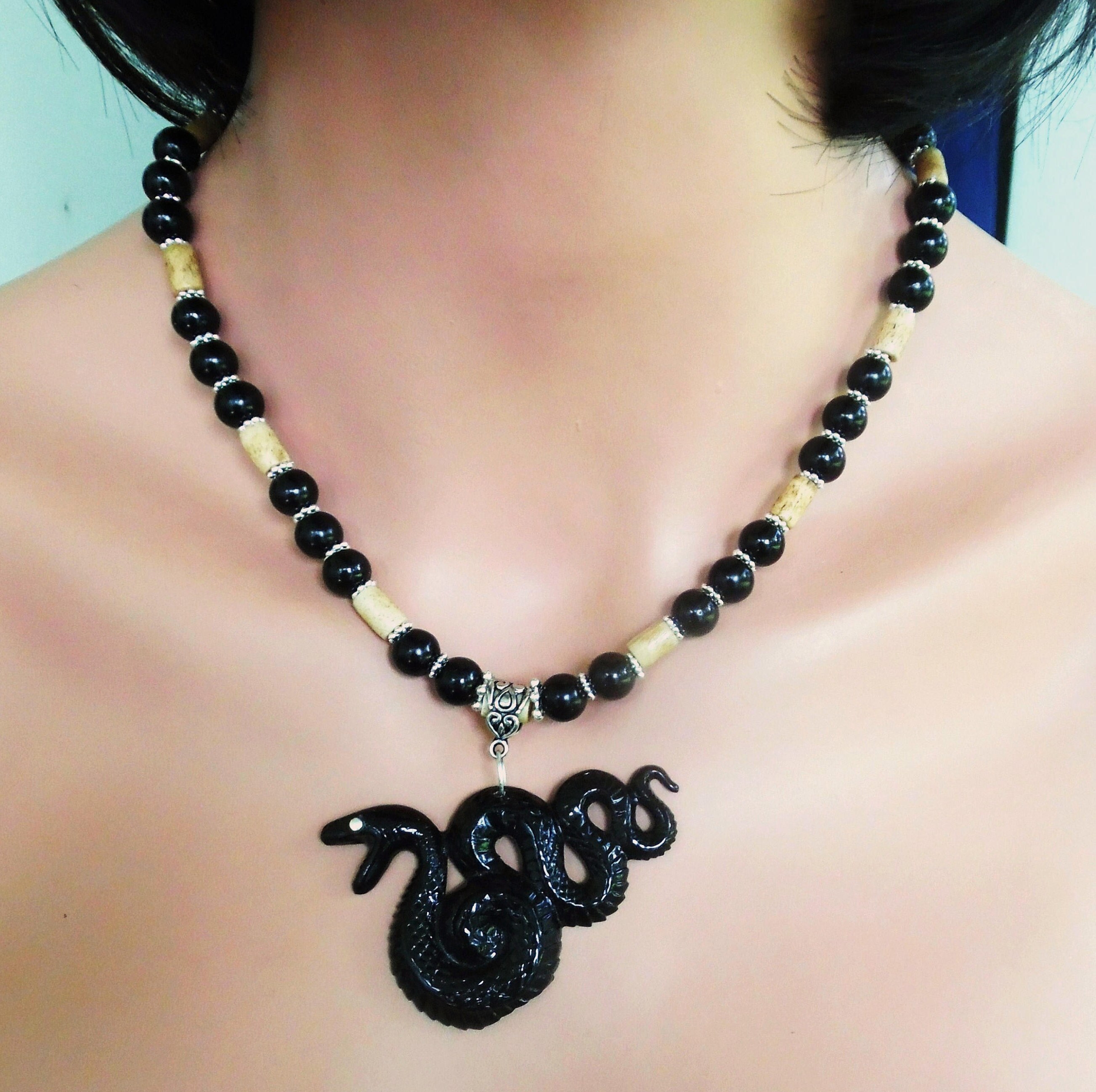 Wicca Snake Pendant Black Onyx Necklace Beaded Necklace