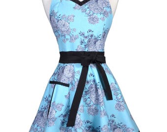 Sweetheart 50s Womens Apron . Robin Egg Blue and Black Floral Retro Cute and Flirty Vintage Style Kitchen Apron with Fitted Bodice (CS)