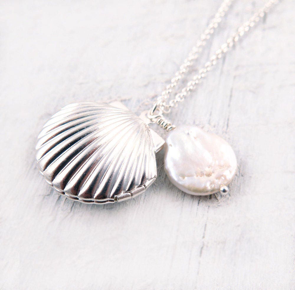 Shell Locket Necklace Silver Seashell Necklace Seashell Ocean