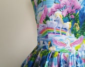 50's style Chasing Rainbows Print Cotton Dress, Unicorns, Pinup, vintage reproduction
