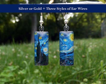 Starry Night earrings, Van Gogh earrings, art earrings, Van Gogh Starry Night jewelry, small glass earrings, classic art jewelry