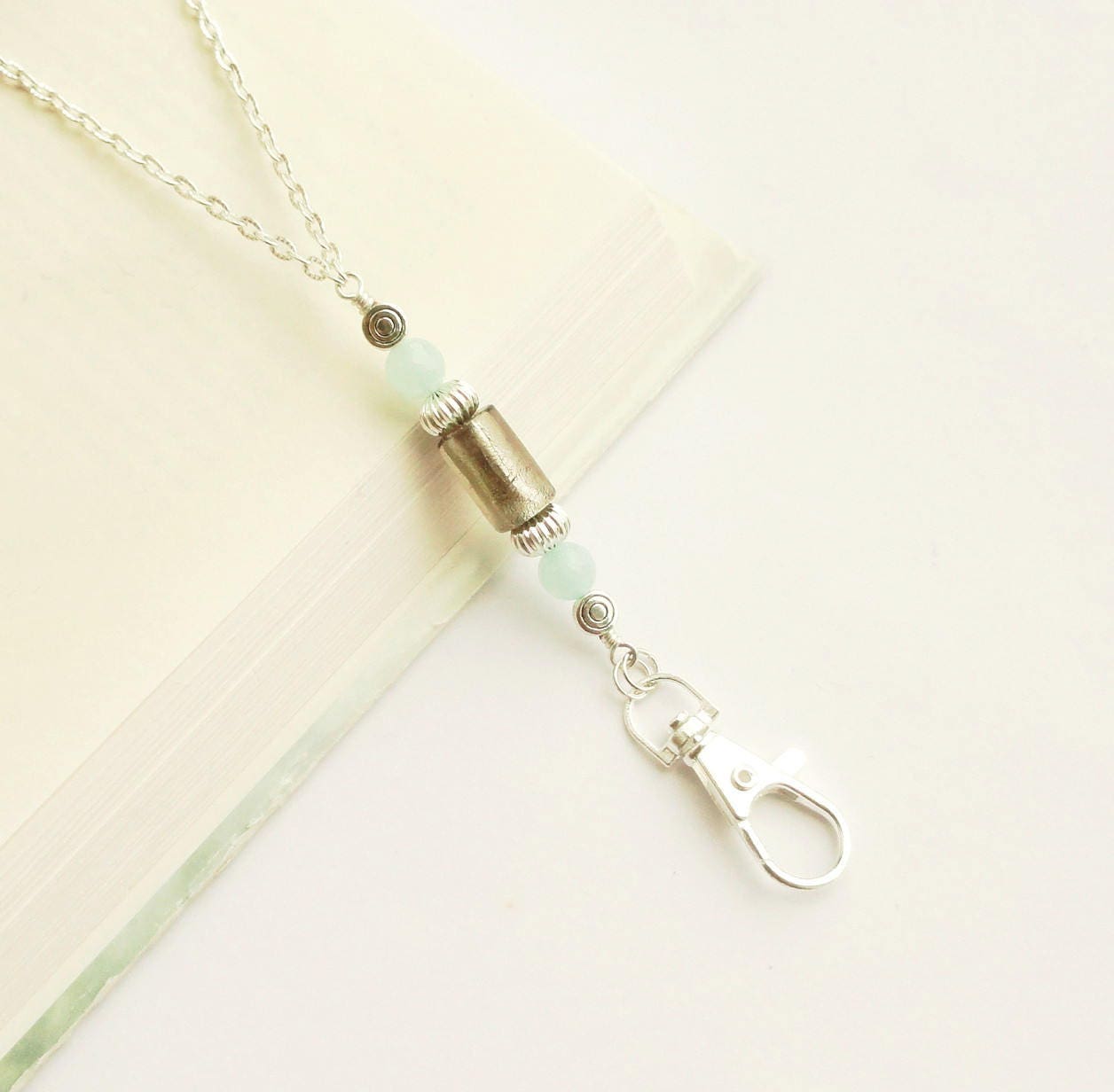 ID Badge Holder Silver Blue Lanyard Grey Silver Necklace