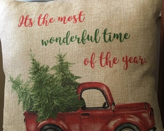 Christmas Pillow, FREE SHIPPING, Vintage Pillow, Vintage Truck Pillow Cover, Holiday Pillow, Red Truck Christmas Pillow
