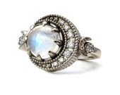 Full Moon Diamond Crescent and Moonstone Celestial Engagement Ring - 14k Yellow, Rose or Palladium White Gold