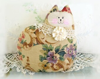 Cat Pillow Doll, Cloth Doll 7 inchs, Floral Home Decor Fabric Kitty Soft Sculpture Handmade CharlotteStyle Decorative Folk Art