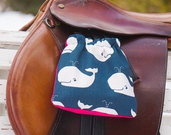 Ready to Ship Stirrup Covers - Navy and Hot Pink Whales Print Reversible - Cozies // Bags