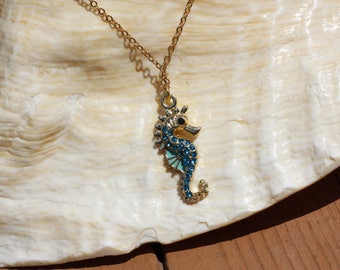 Blue Crystal Seahorse Necklace, Seahorse Pendant, Beach Jewelry, Seahorse Jewelry, Nautical Jewelry, Ocean Necklace