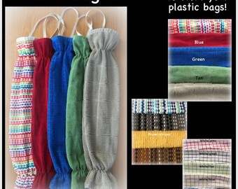 READY TO SHIP Plastic bag holders, storage for plastic shopping bags, kitchen towel bag holder tan red green blue yellow grey