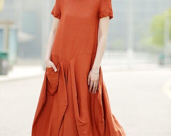 Orange Linen Dress - Womens Linen Lagenlook Clothing Casual Everyday Comfortable Plus Size Summer Fashion Basic Wardrobe Staple C351