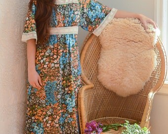 vintage 1970s orange & blue floral angel sleeve maxi dress