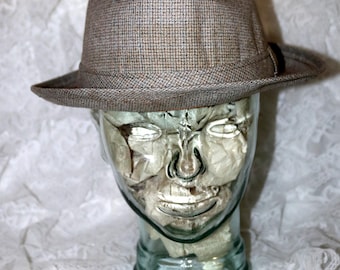 Vintage Men's Fedora Hat - Beige Blue Plaid - Made in USA - JCPenney Co. - Size XL 7 1/2 - 7 5/8