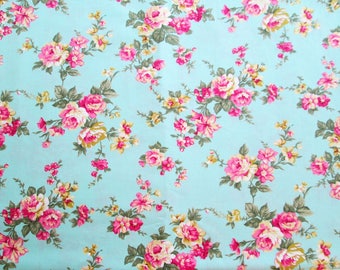Vintage Rose Cotton Fabric White fabric Pink Rose in the
