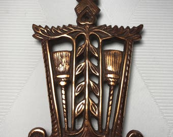 Vintage Copper Tone Cast Iron Trivet Thistle Blooms Wall Art