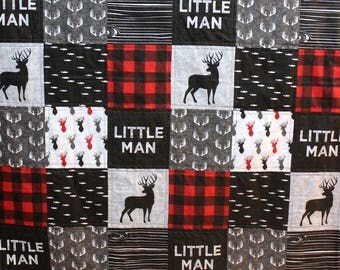 Lumberjack Deer Baby Toddler Quilt & Fitted Sheet, Crib Bed Set, Grey Red Black Bedding, Boy Bedding, Woodland Bed Set, Lumberjack Nursery