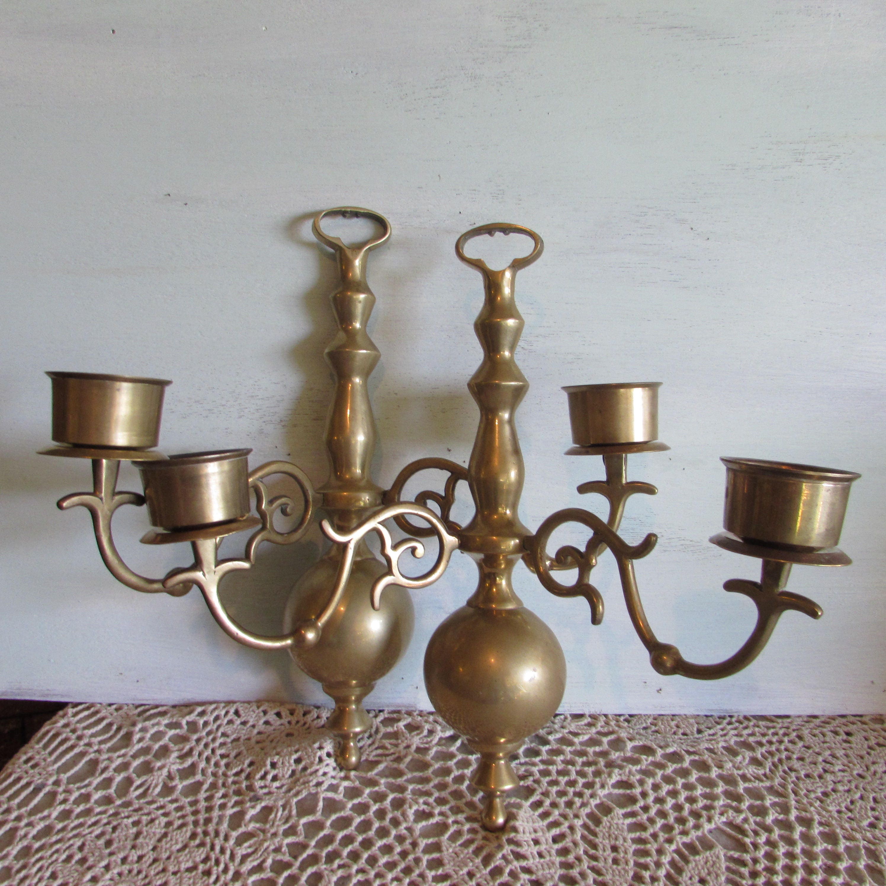 Pair Brass Sconce Candelabra Wall Hanging Two Arms.