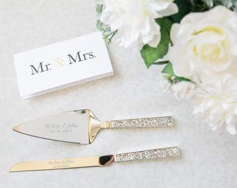 Personalized Wedding  Gold Leaf Cake  Knife  and Server  Set 