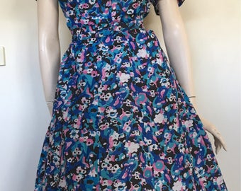 Lovely NOS 50s 60s Blue Floral Day Dress / Extra Large / Volup / Deadstock