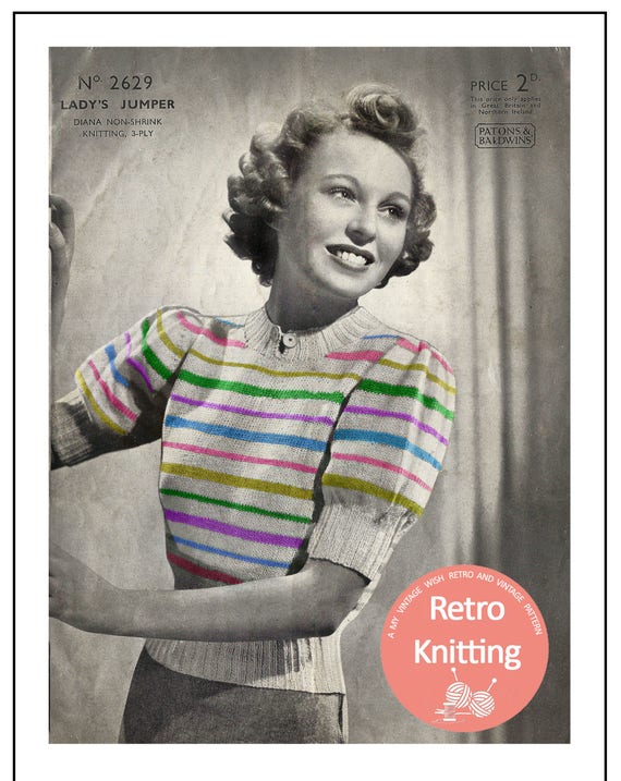 1940s Rainbow Sweater Knitting Pattern Instant Download