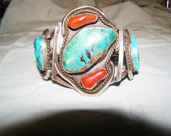 1-Q Native American Sterling-.925-Silver Turquoise and Coral Bracelet