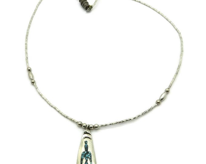 Navajo Silver Pendant Necklace | Vintage Signed Delvin Nelson Jewelry | Turquoise Coral Chip Inlay Pendant Necklace