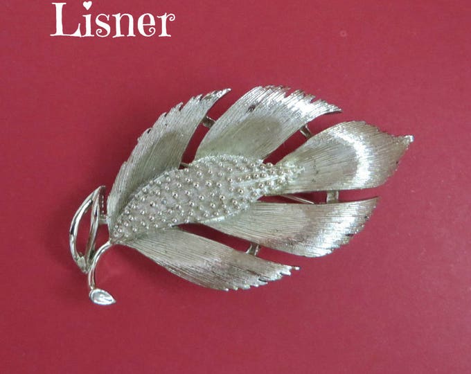 Signed LISNER Leaf Brooch - Vintage Matte Silver Tone Leaf Pin
