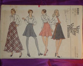 1970s 70s Vintage Bias Flared Skirt Mini Above Knee Mid Knee n Evening Lengths UNCUT Vogue Pattern 8351 Wst 26.5 US 67 Metric EASY