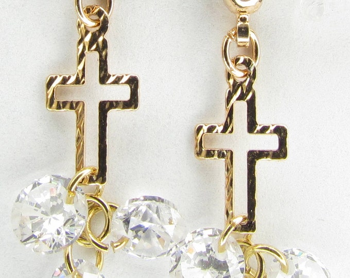 Tiny Gold Hammered Hollow Cross Stud Earring Small Dangle Zircons Women Girls Weddings - Saint Michaels Jewelry