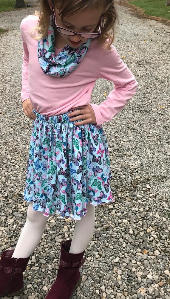 Girls skirt,girls knit skirt,9 patterns,girls skirt and matching infinity scarf,butterfly skirt,flower skirt,junior skirt,knit skirt,