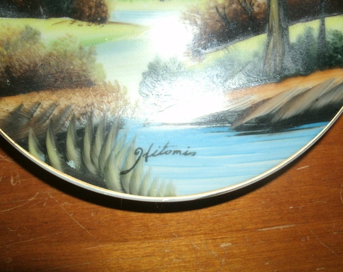 Lake Scenes pair of Vintage hand painted china plates - Artist Hitomi - ON SALE -signed by artist and marked on back, lake scenes, set of 2