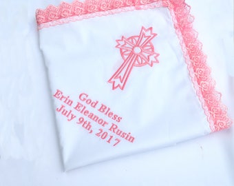 Personalized Baptism gift for godchild Baptism blanket with name Pink blanket Embroidered rose baby blanket Christening gift from Godmother