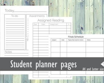 Printable student planner. Printable Academic planner. Student planning pages, undated monthly, weekly, daily pages. To do list, Goals list.