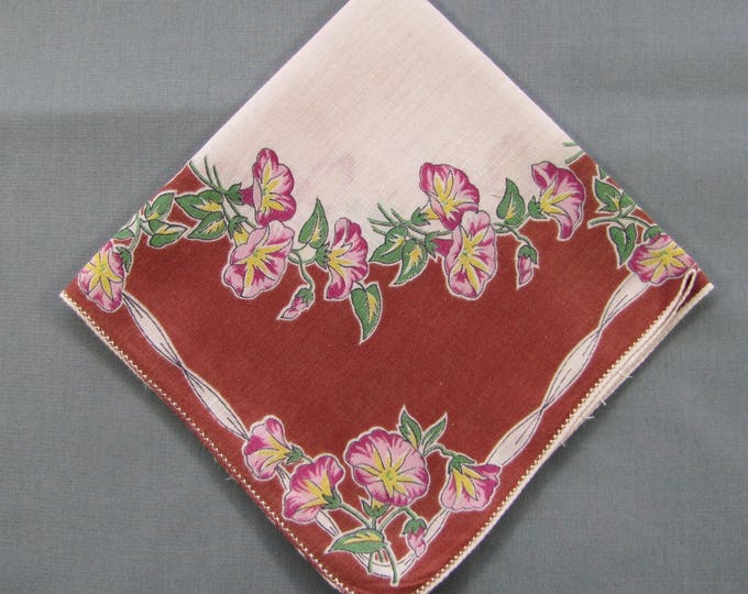 Morning Glories in Pink & White Ribbons VINTAGE Cotton Hankie Handkerchief