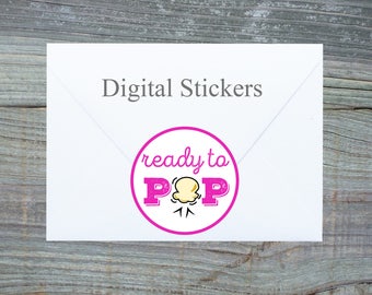 Pink Ready to Pop Stickers Labels Digital Download Printable Baby Shower Treat Bag Toppers Gender Reveal Annoucements Popcorn