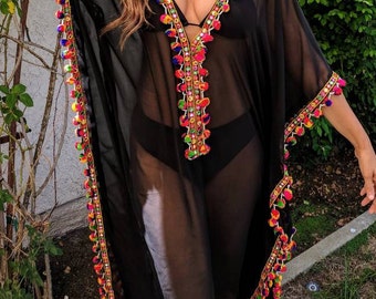 Black Gypsy Caftan with pom poms, Swimsuit Coverups, Beach coverup, Beach Cover ups, Beach Cover-up, Handmade, Vacation, Resort, black Tunic